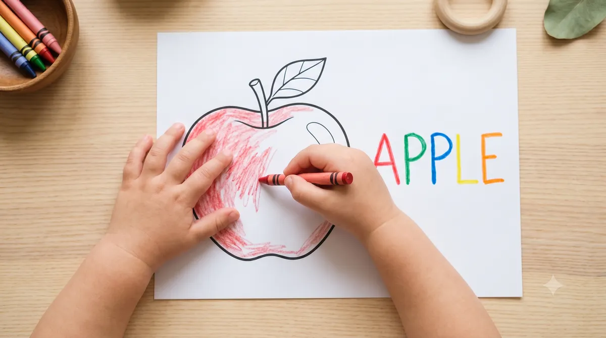 Dziecko kolorujące jabłko na białej kartce, obok którego widnieje duży napis APPLE