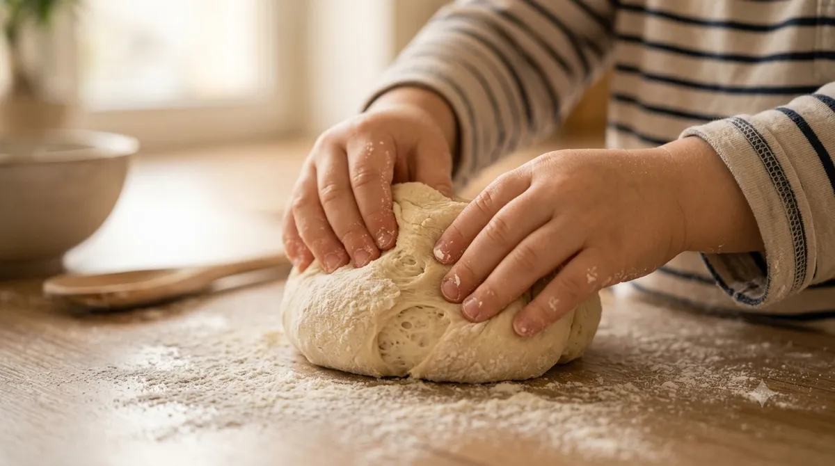 Zbliżenie na małe rączki dziecka oprószone mąką, które z zaangażowaniem ugniatają ciasto na drewnianej stolnicy