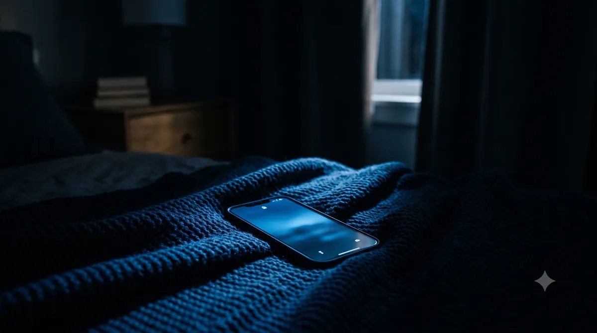 Mocne, niebieskie światło bijące z ekranu smartfona leżącego w zaciemnionym pokoju