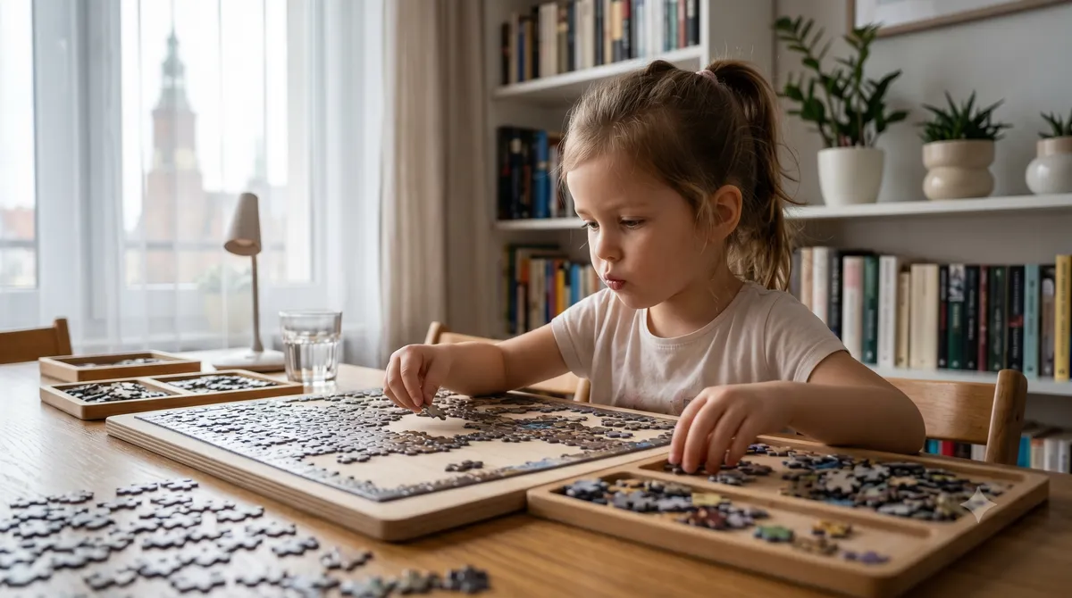 Skupione dziecko siedzące przy stole i z determinacją próbujące ułożyć trudne puzzle