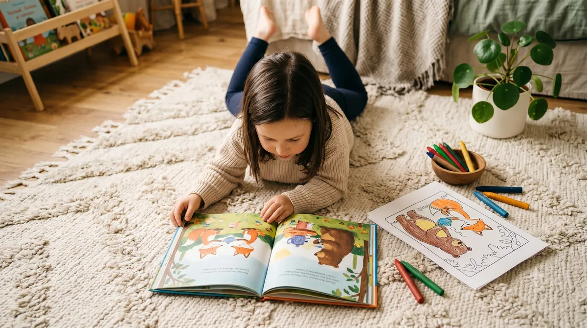 Dziecko leżące na dywanie, zafascynowane otwartą książką, obok której leżą czyste kolorowanki