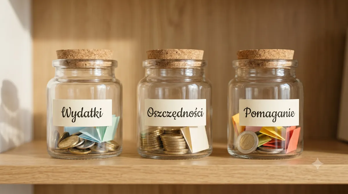 Trzy przezroczyste słoiki z napisami wydatki, oszczędności i pomaganie, wypełnione monetami