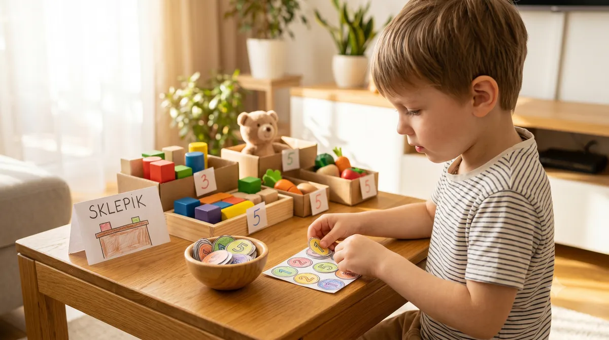 Dziecko bawiące się w sklep za pomocą własnoręcznie pokolorowanych papierowych monet i zabawek