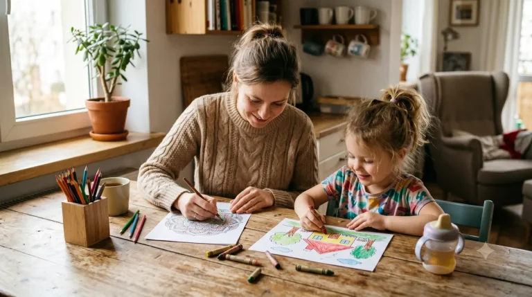 Mama i dziecko siedzący wspólnie przy drewnianym stole w jasnym salonie, oboje w skupieniu kolorują własne obrazki