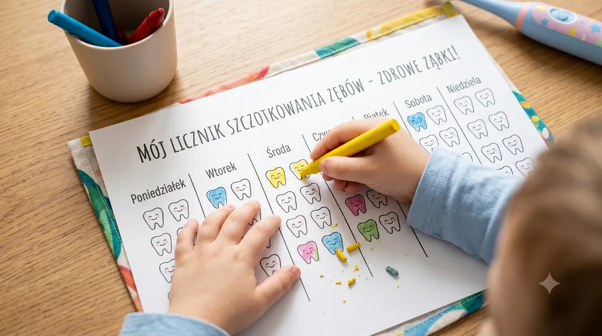 Dziecko kolorujące ząbki na papierowej planszy motywacyjnej po umyciu zębów