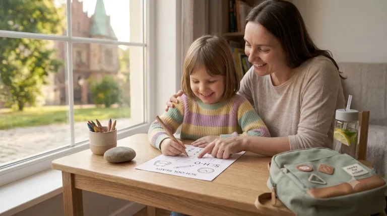 Dumna mama i uśmiechnięty 6-latek z plecakiem szkolnym przeglądający zestaw kart pracy przy biurku