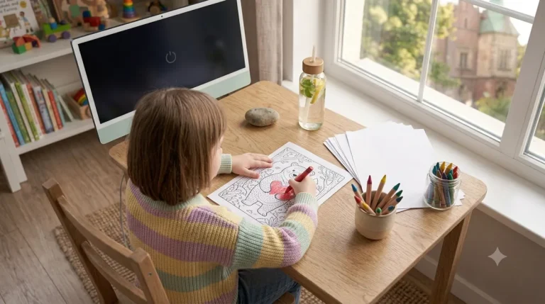 Dziecko wyłączające monitor komputera i sięgające po drukowaną kolorowankę i kredki