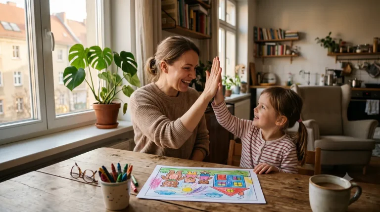 Dumna mama i uśmiechnięty przedszkolak przybijający piątkę nad ukończoną kolorowanką