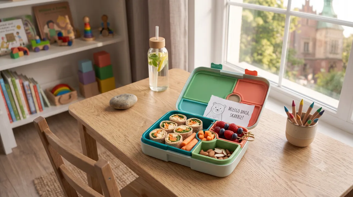 Otwarty kolorowy lunchbox dla dziecka ze zdrowymi przekąskami i miłym papierowym liścikiem