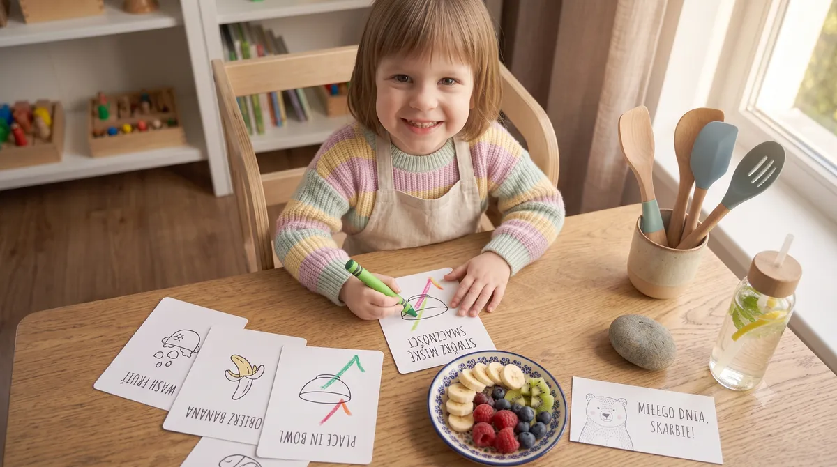 Radosne dziecko w małym fartuszku kręcące ciasto w misce za pomocą bezpiecznych przyborów kuchennych