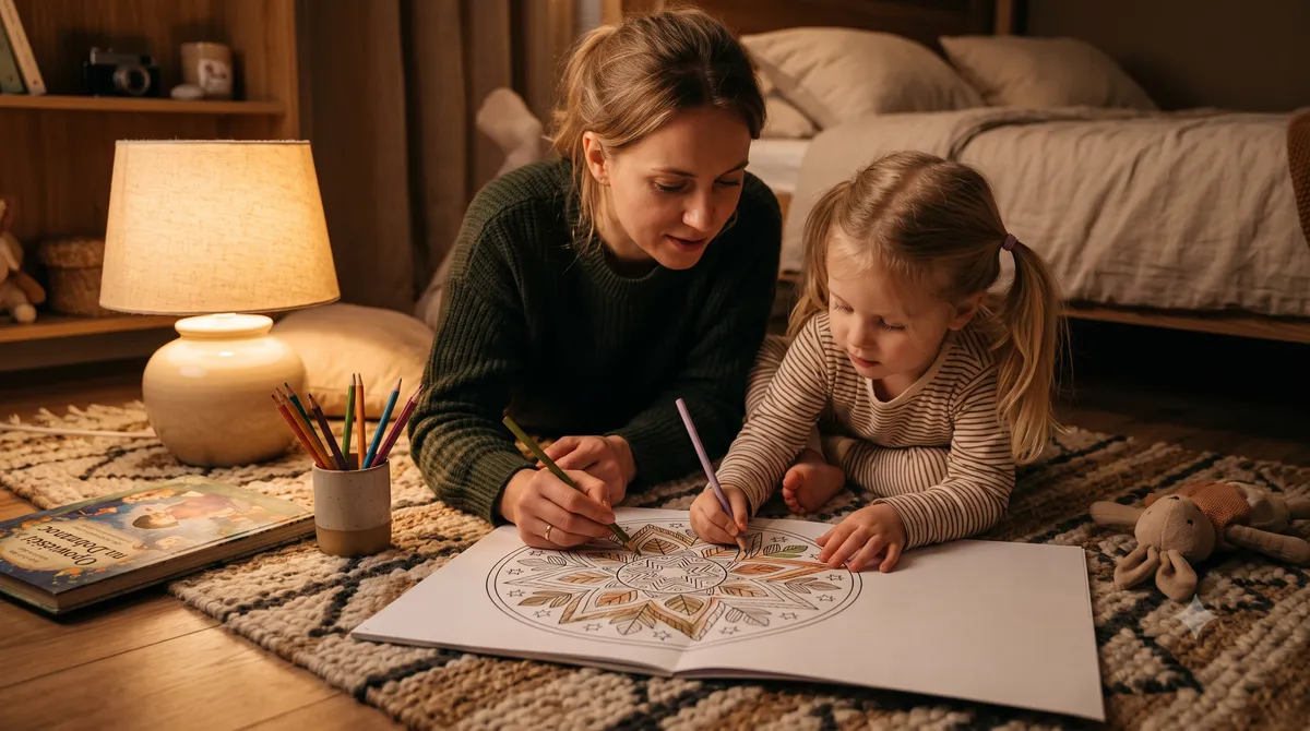 Dziecko i mama kolorujące w ciszy przy małej lampce nocnej tuż przed snem